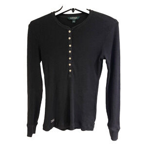 Ralph Lauren Cotton/Poly Blend Stretch Knit top 7-Button Pullover Small Black